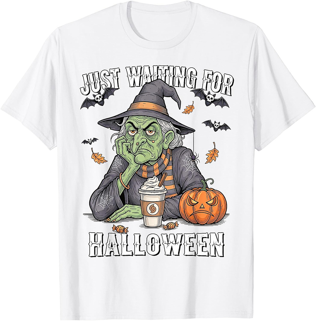 Retro Just Waiting for Halloween Witch Pumpkin Spooky Fall T-Shirt