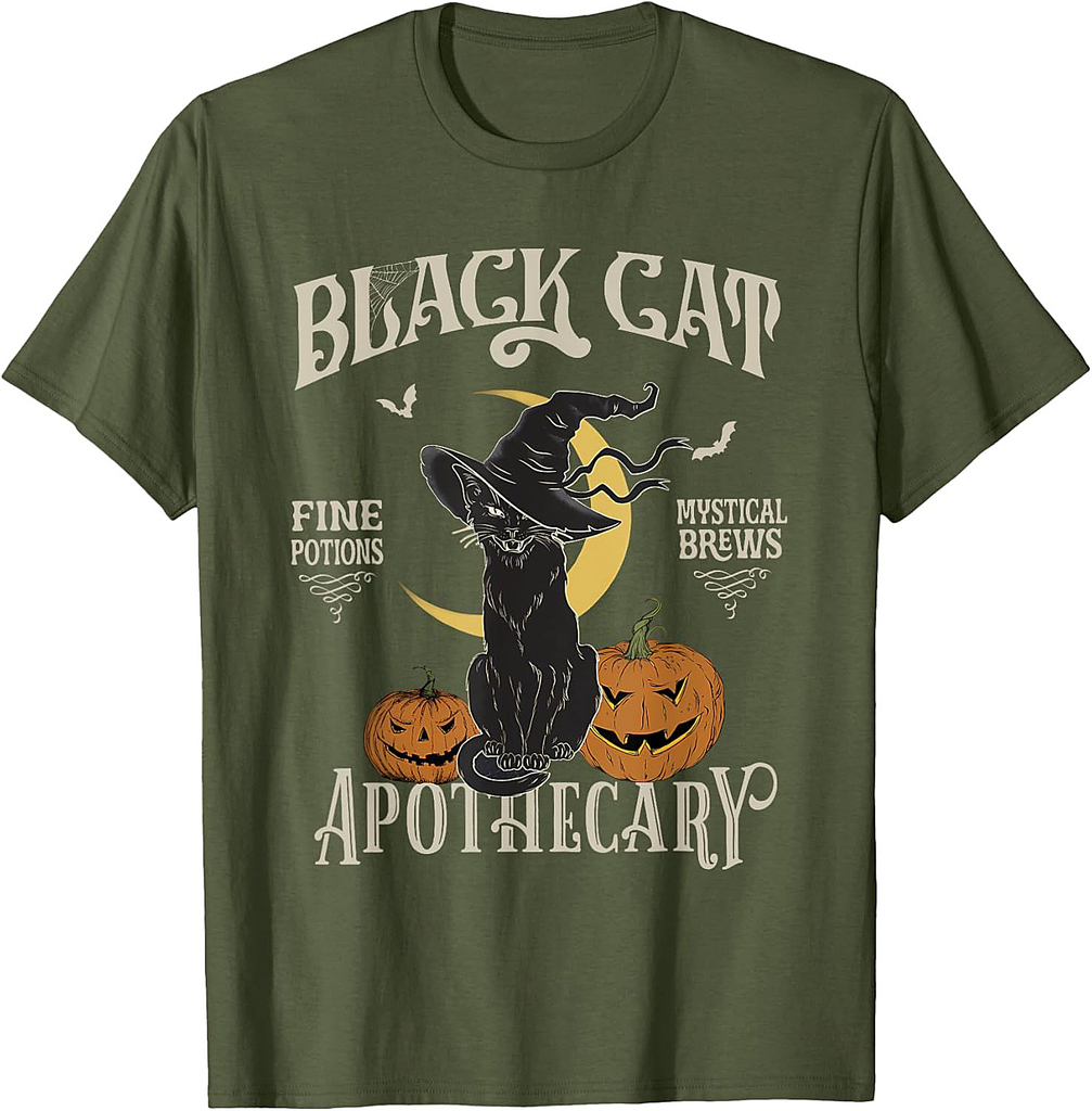 Retro Scary Halloween Costume Black Cat Salem Apothecary T-Shirt