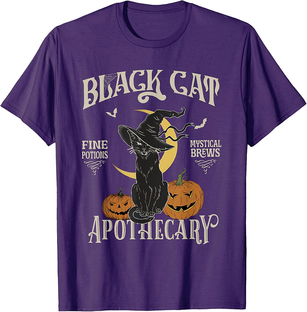 Retro Scary Halloween Costume Black Cat Salem Apothecary T-Shirt