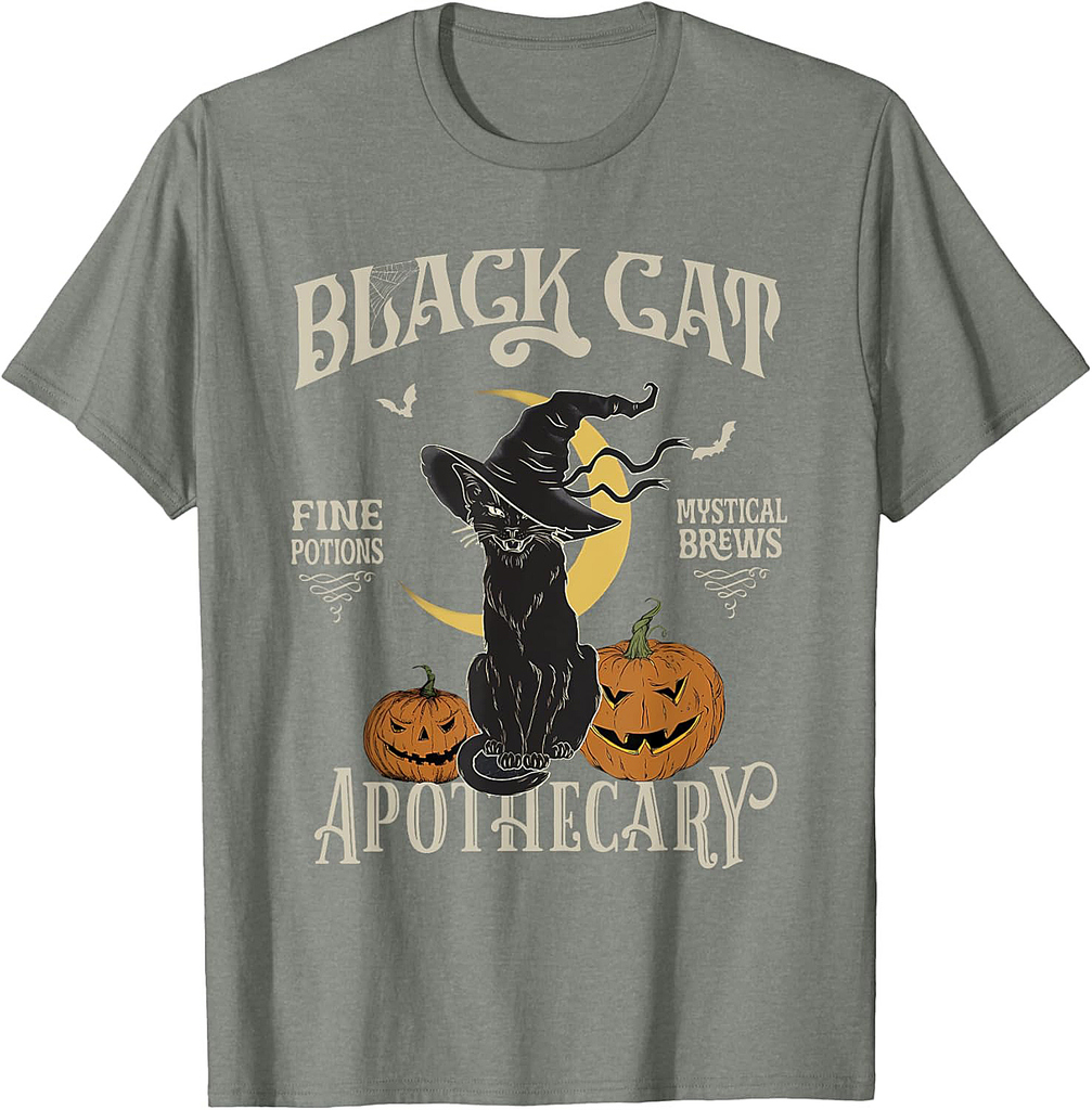 Retro Scary Halloween Costume Black Cat Salem Apothecary T-Shirt
