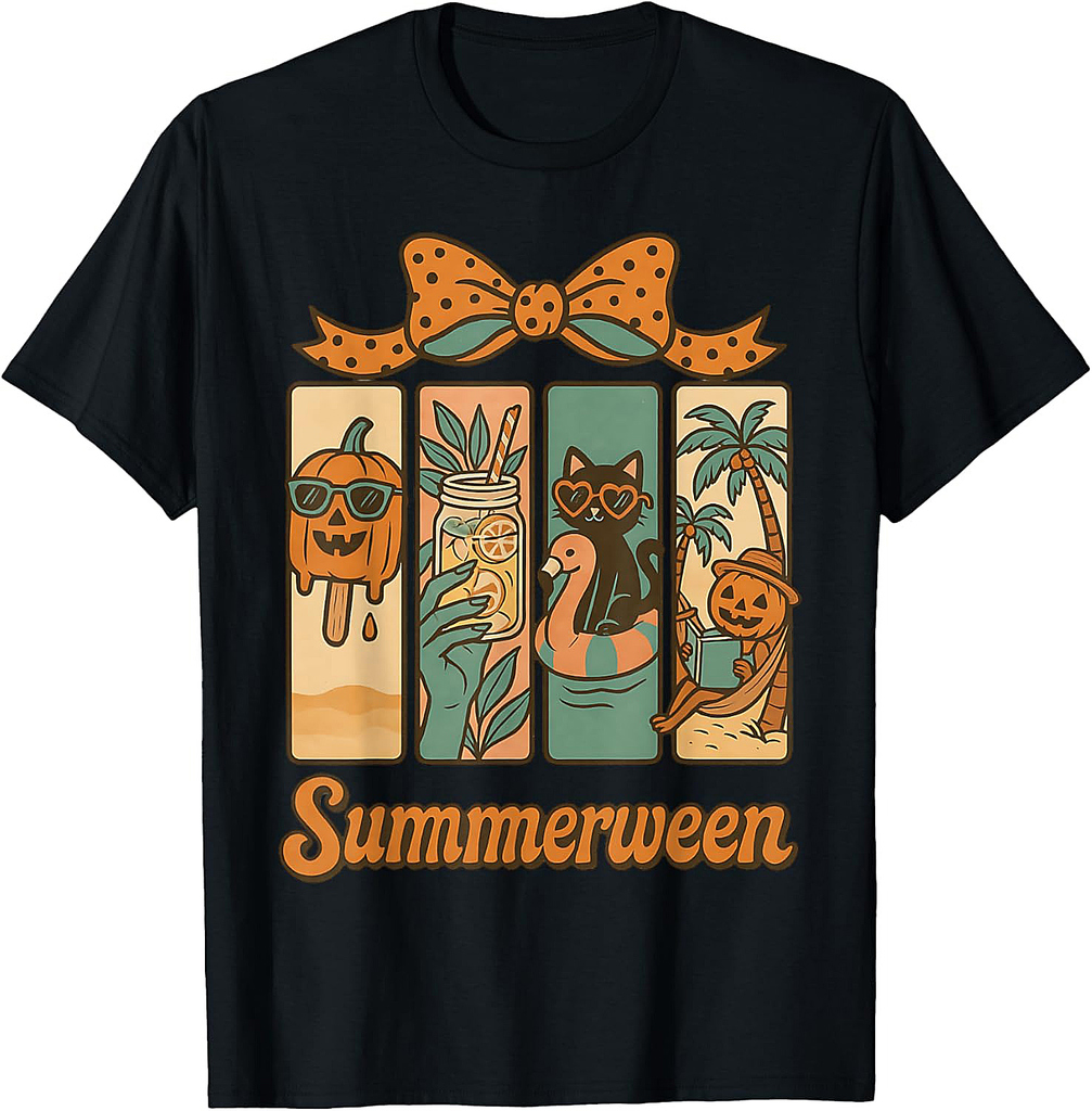 Retro Summerween Halloween Beach Vibes Cute Cat T-Shirt