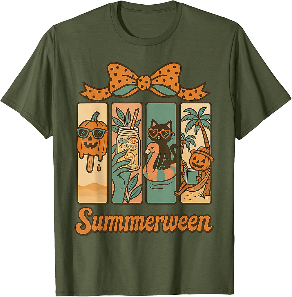 Retro Summerween Halloween Beach Vibes Cute Cat T-Shirt
