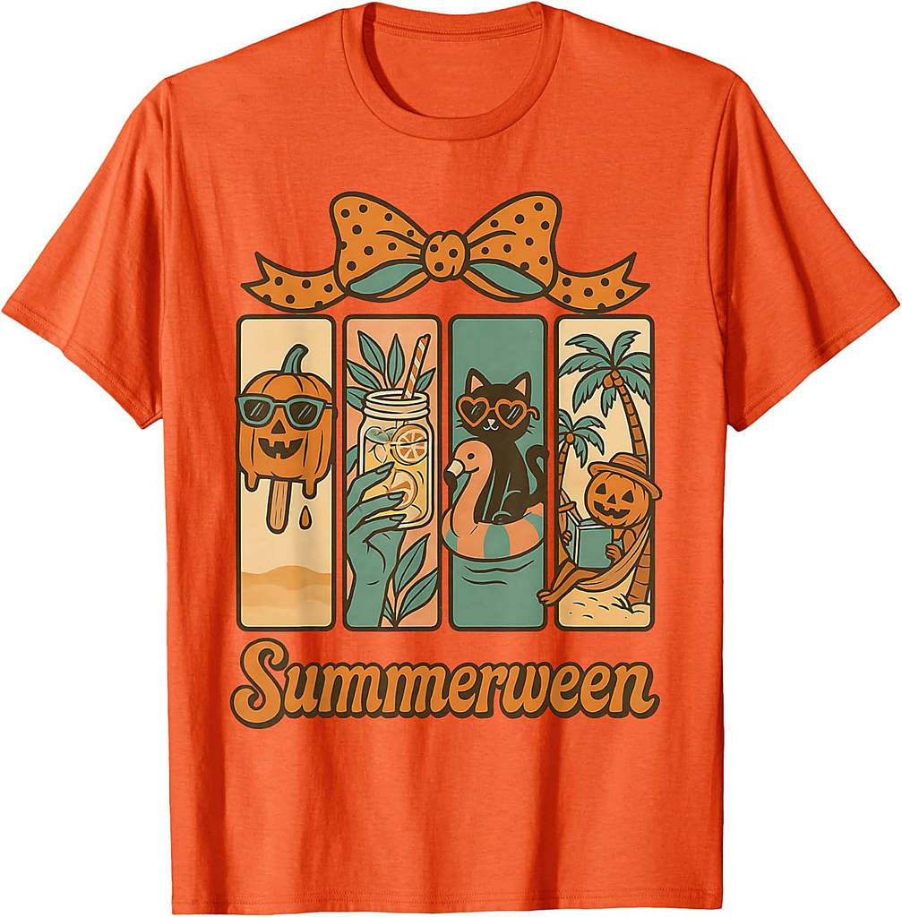 Retro Summerween Halloween Beach Vibes Cute Cat T-Shirt