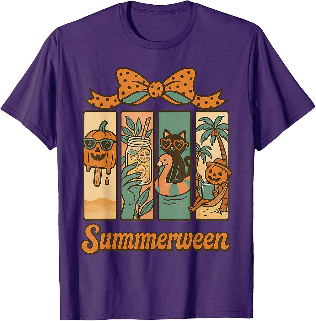 Retro Summerween Halloween Beach Vibes Cute Cat T-Shirt