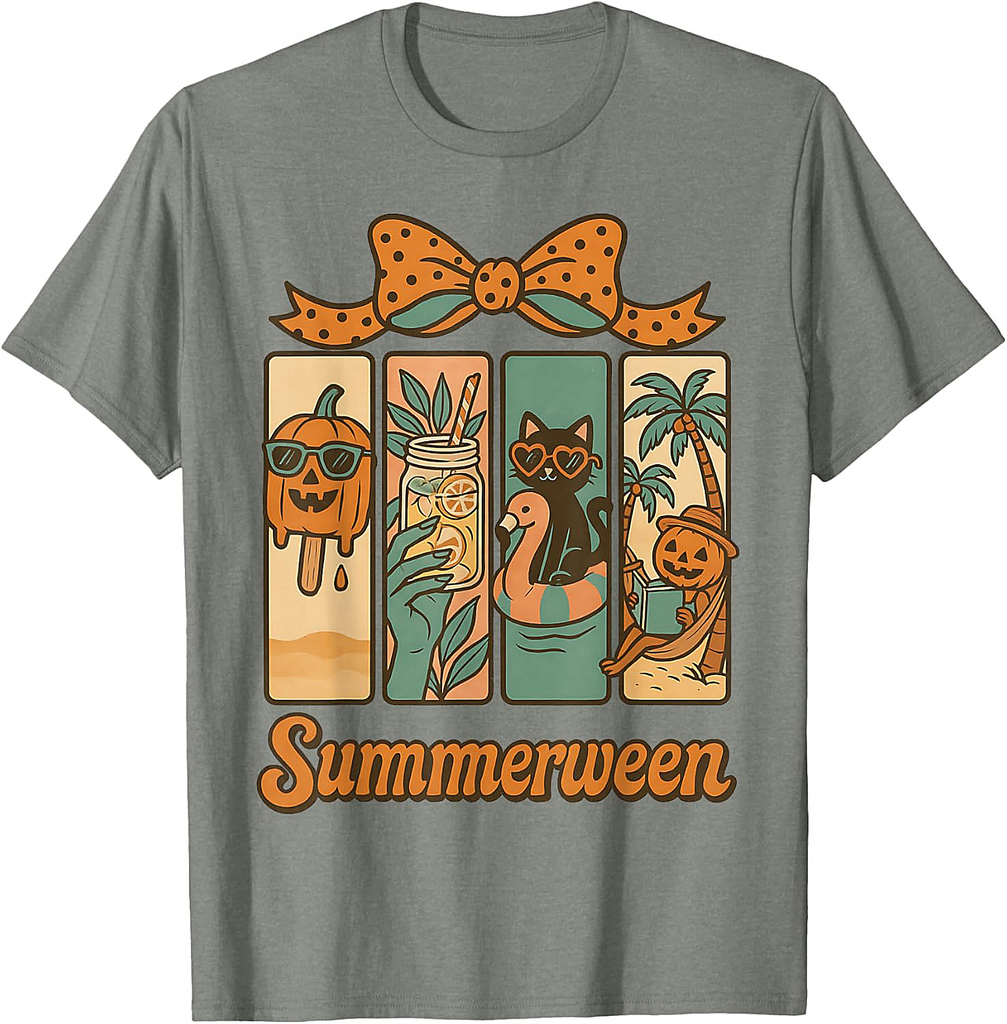 Retro Summerween Halloween Beach Vibes Cute Cat T-Shirt