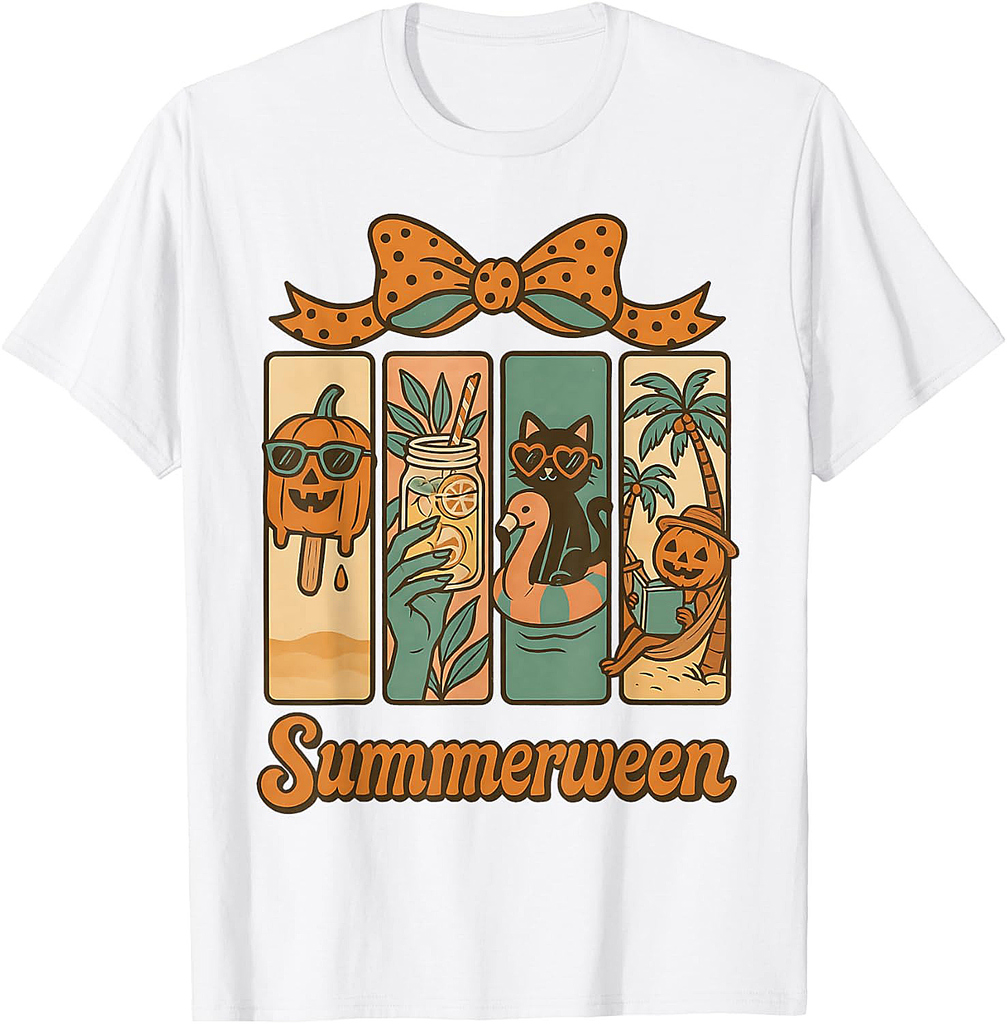 Retro Summerween Halloween Beach Vibes Cute Cat T-Shirt