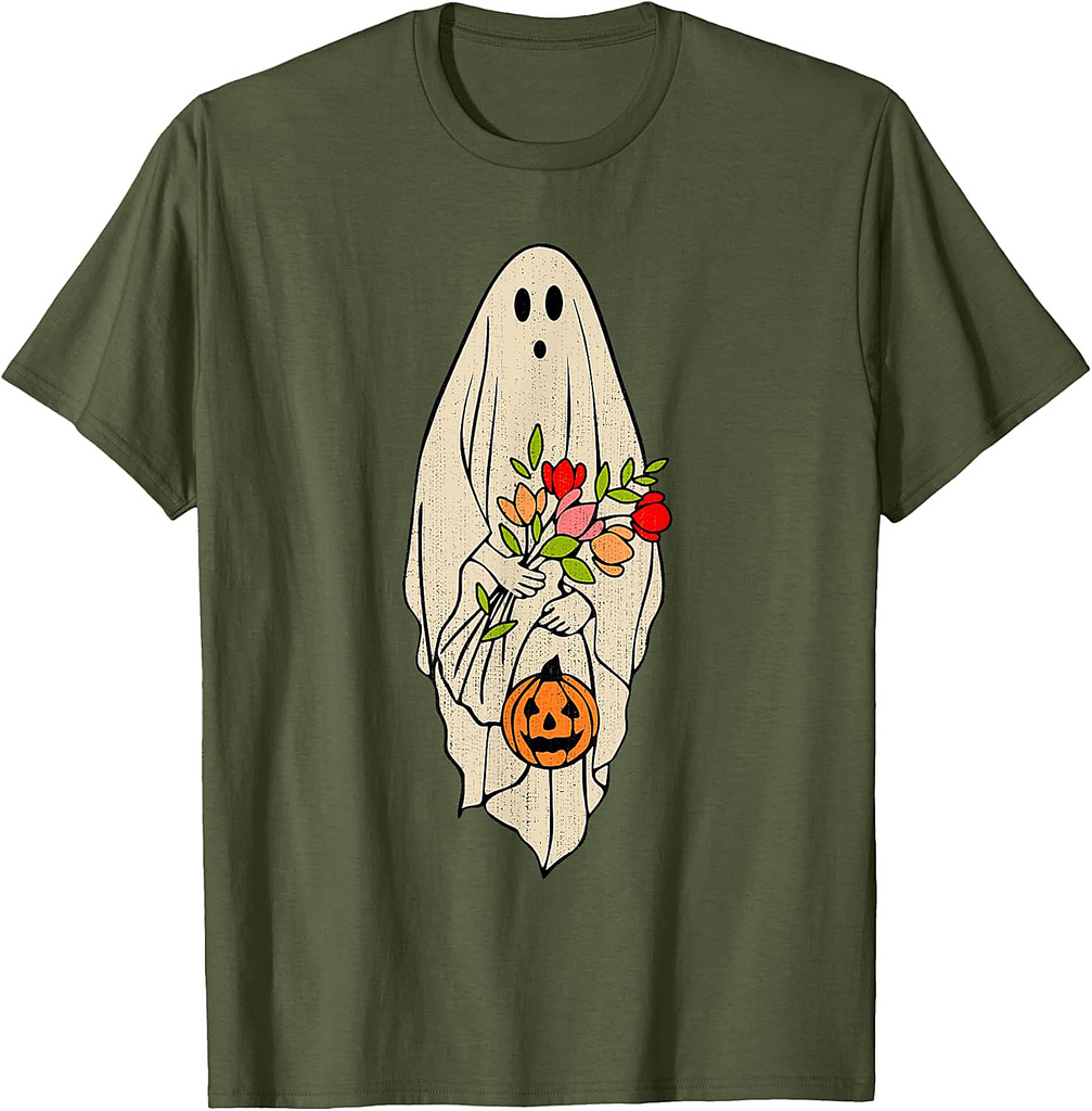 Retro Vintage Ghost Floral Pumpkin Halloween Womens Girls T-Shirt