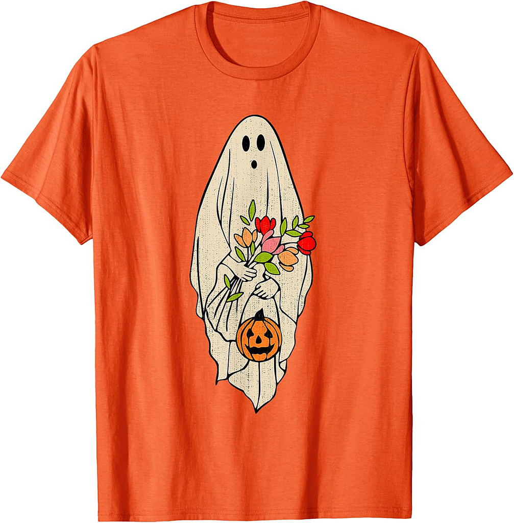 Retro Vintage Ghost Floral Pumpkin Halloween Womens Girls T-Shirt