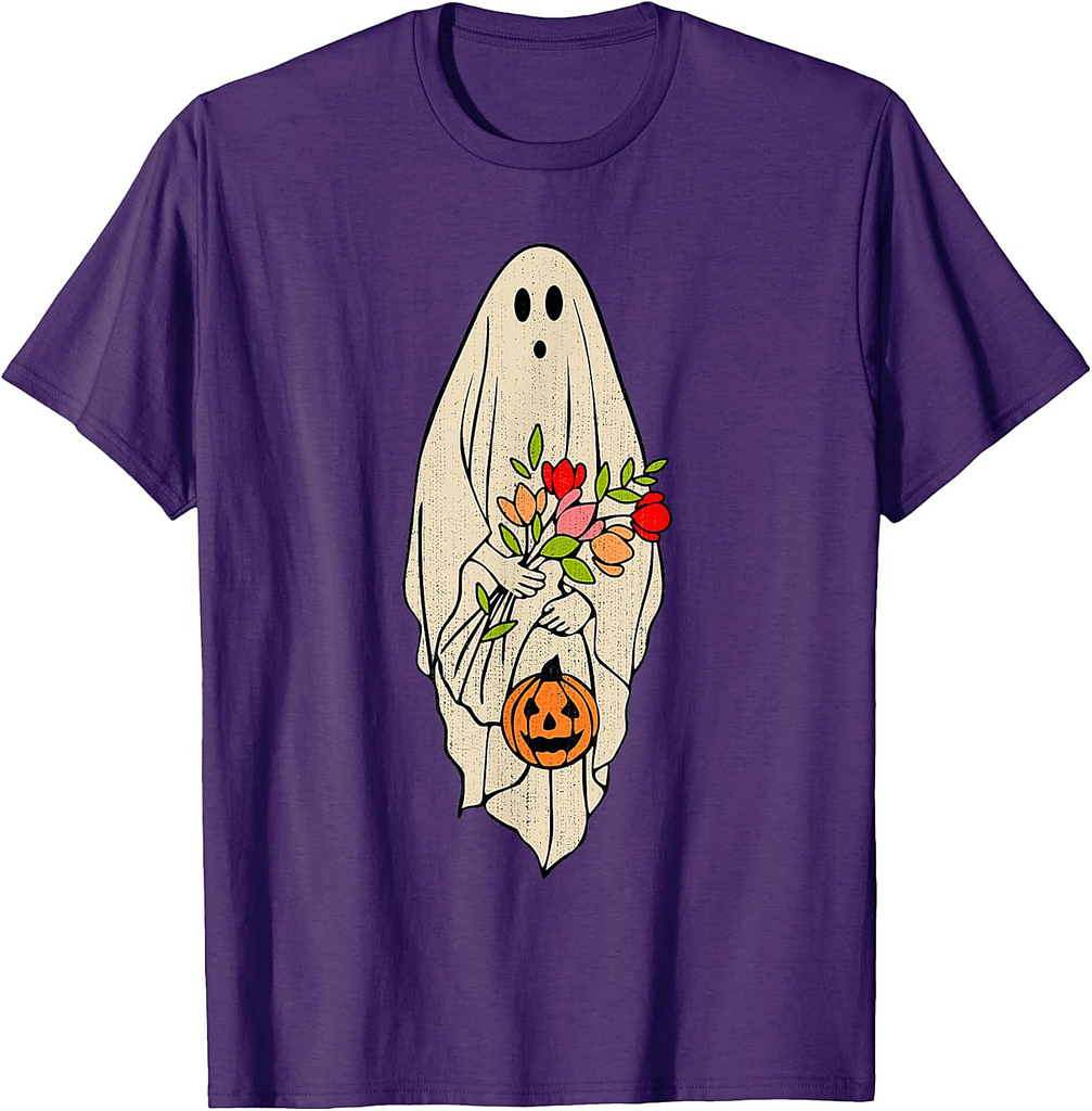 Retro Vintage Ghost Floral Pumpkin Halloween Womens Girls T-Shirt