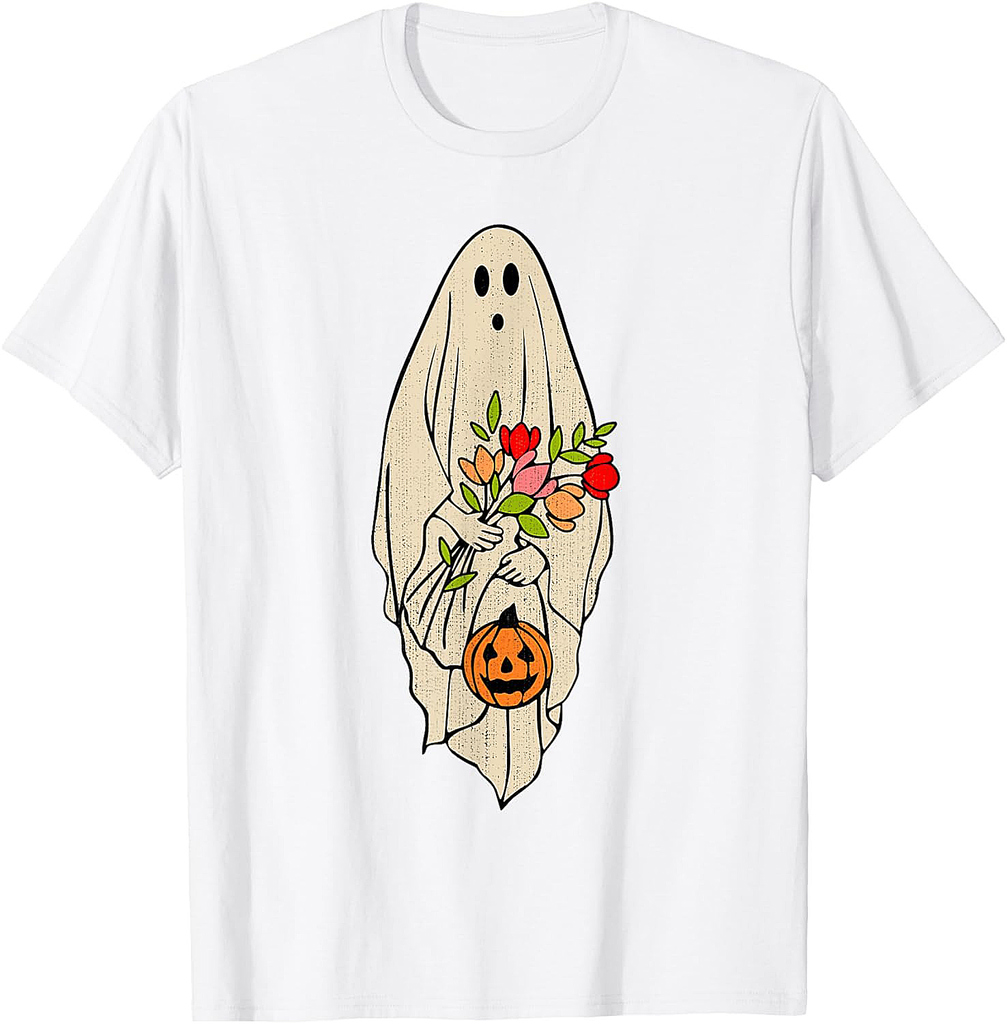 Retro Vintage Ghost Floral Pumpkin Halloween Womens Girls T-Shirt