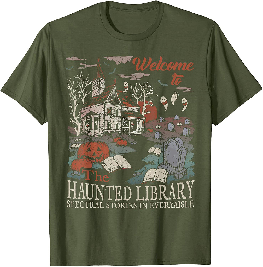 Retro Welcome To The Haunted Library Book Lovers Halloween T-Shirt