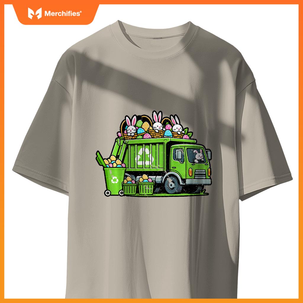 Kids Happy Easter Day Rabbit Lover Bunny Riding Garbage Truck T-Shirt