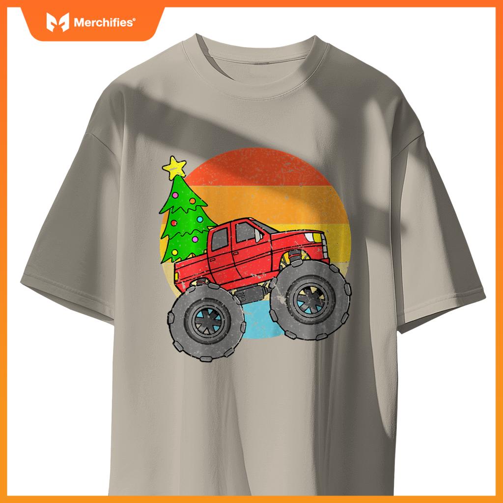 Kids Vintage Sunset Christmas Tree Monster Truck Retro Boys Girls T-Shirt