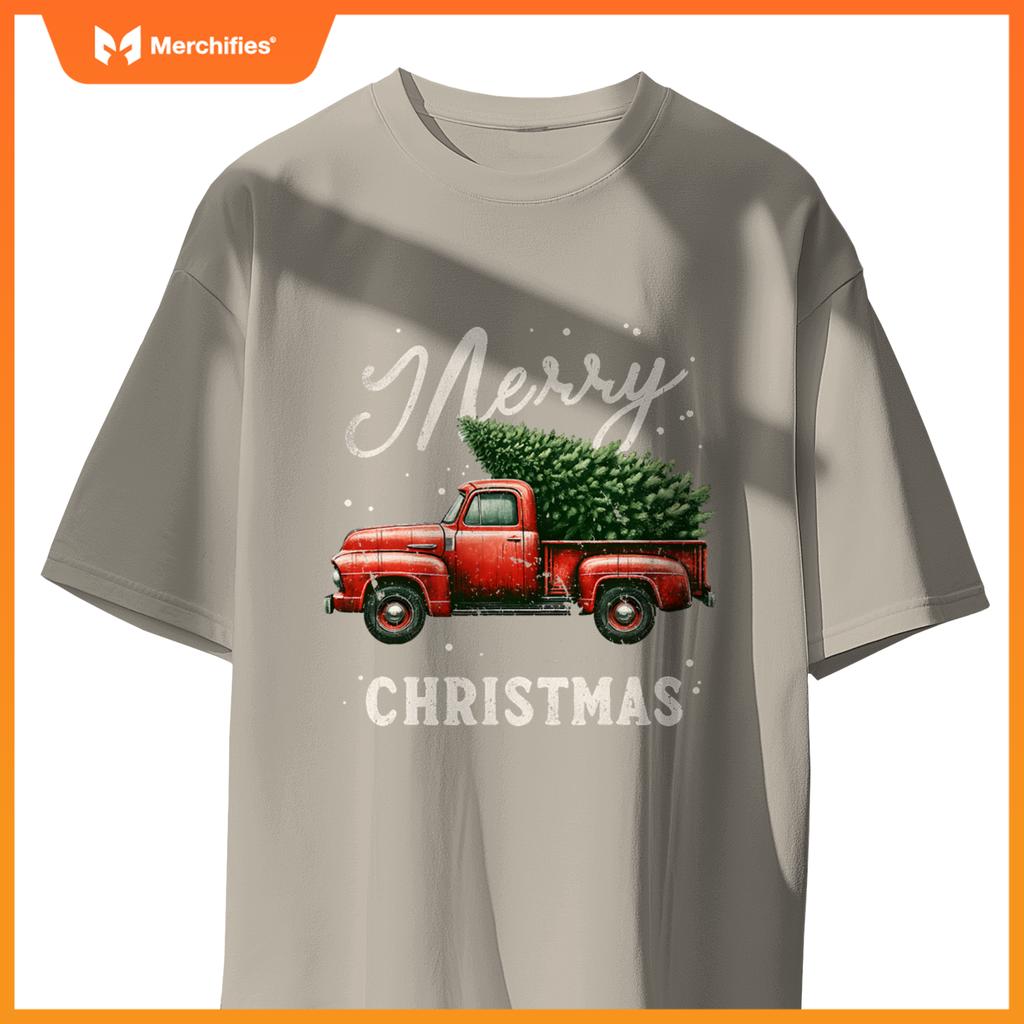 Merry Christmas Tree On Red Truck Wagon Xmas T-Shirt