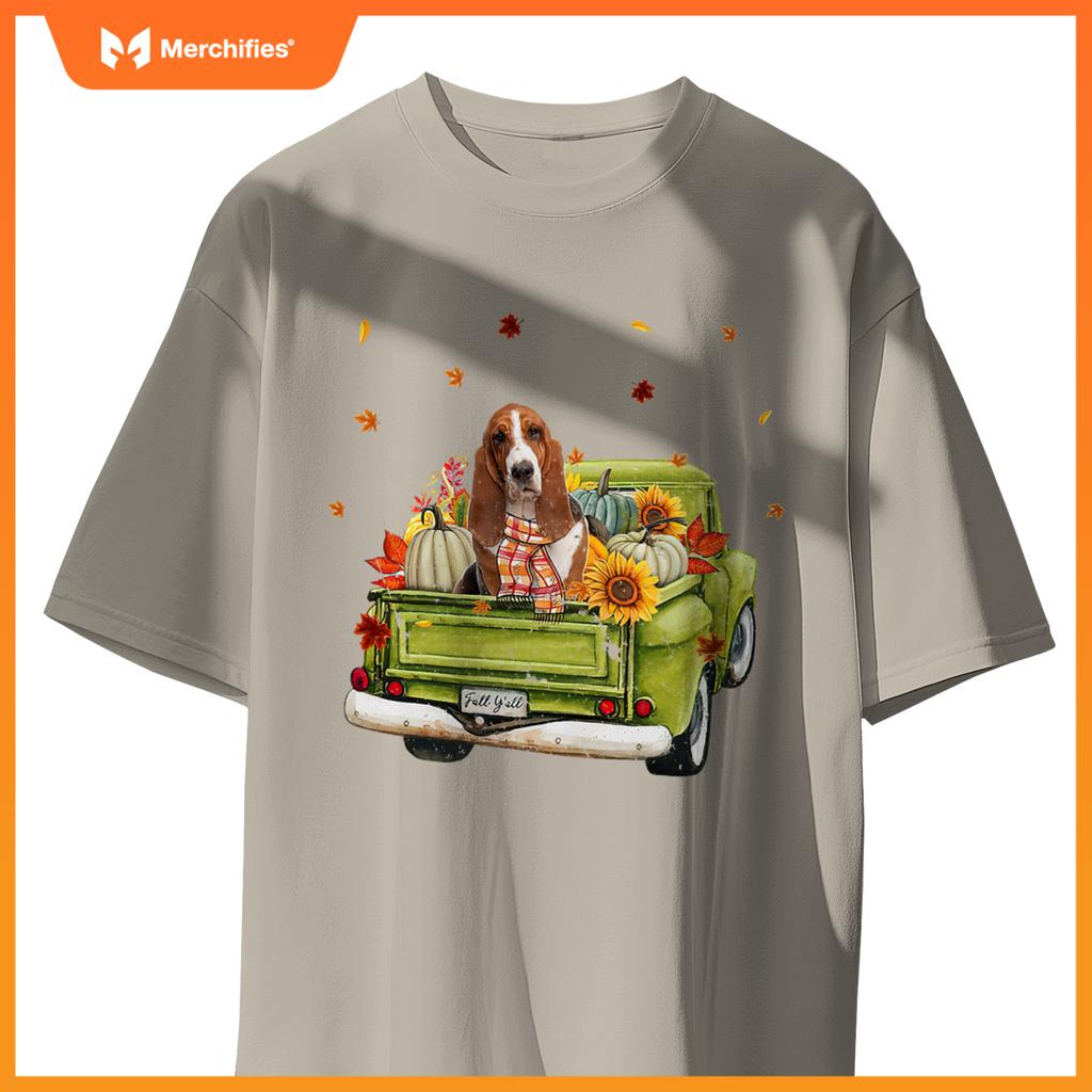 Happy Fall Yall Basset Hound Dog On Truck Pumpkin Fall T-Shirt