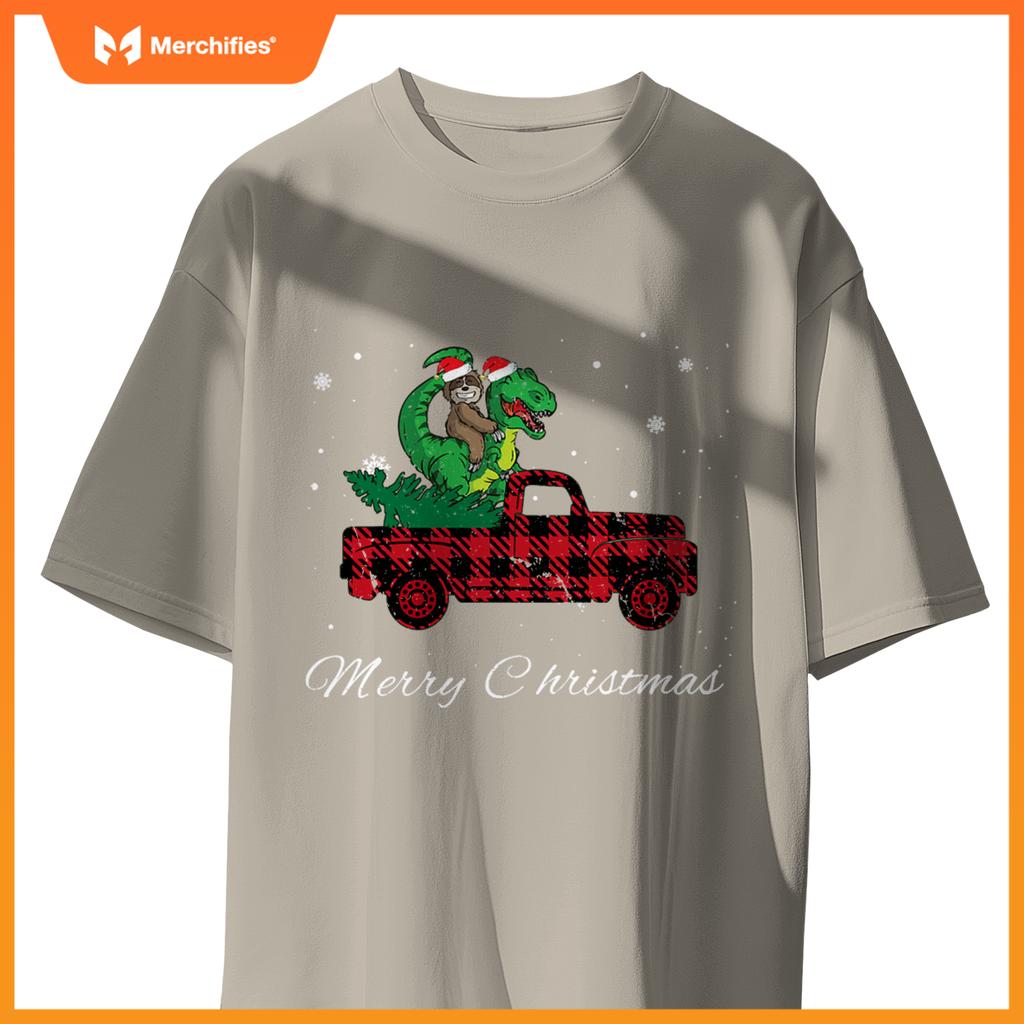 Merry Christmas Red Plaid Truck With Sloth Riding Dinosaur T-Shirt