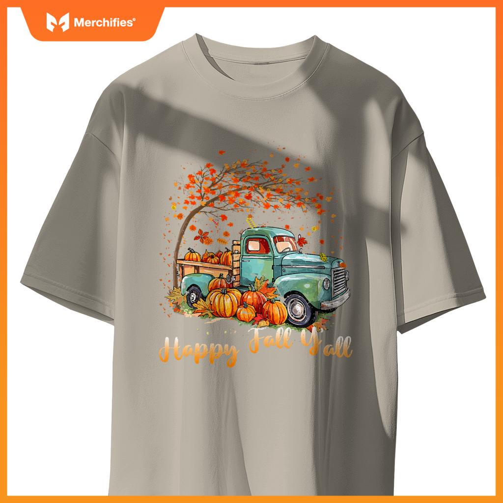 Happy Fall Y'all Pumpkin Truck Autumn Tree Fall Thanksgiving T-Shirt
