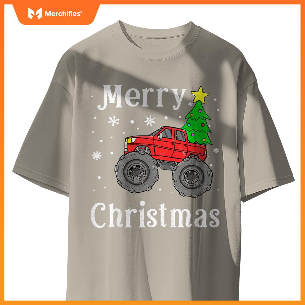 Kids Boys Monster Truck Merry Christmas Tree Snowflakes T-Shirt