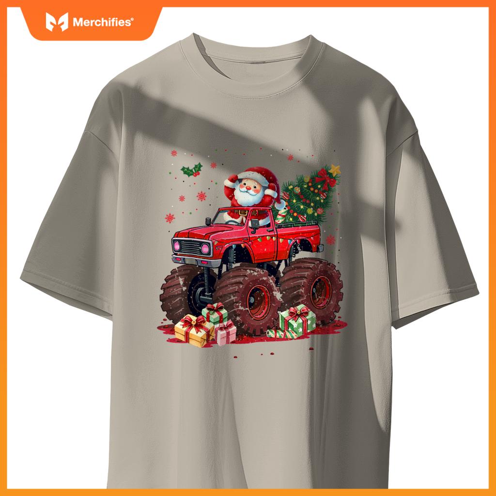 Kids Santa Monster Truck Christmas Tree Xmas Squad T-Shirt
