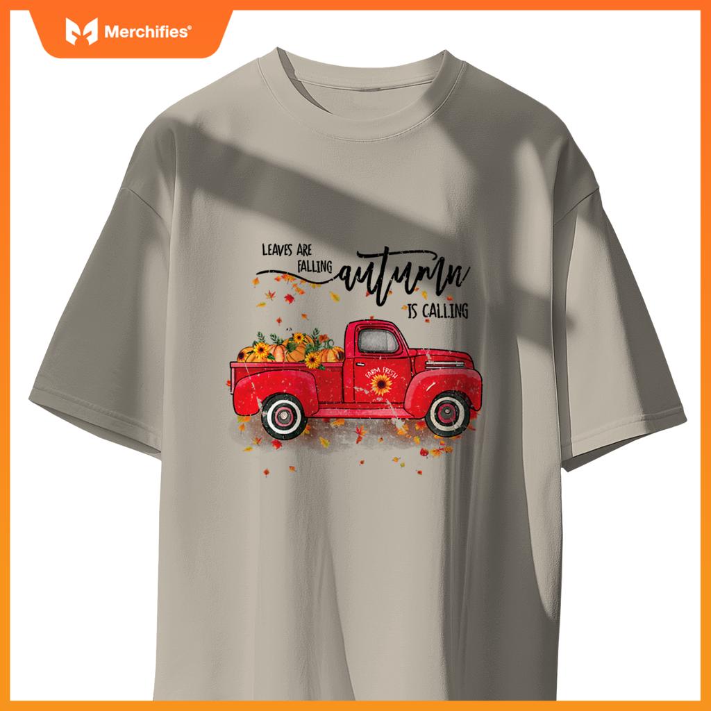 Leaves Are Falling Autumn Is Calling Red Truck Pumpkins T-Shirt