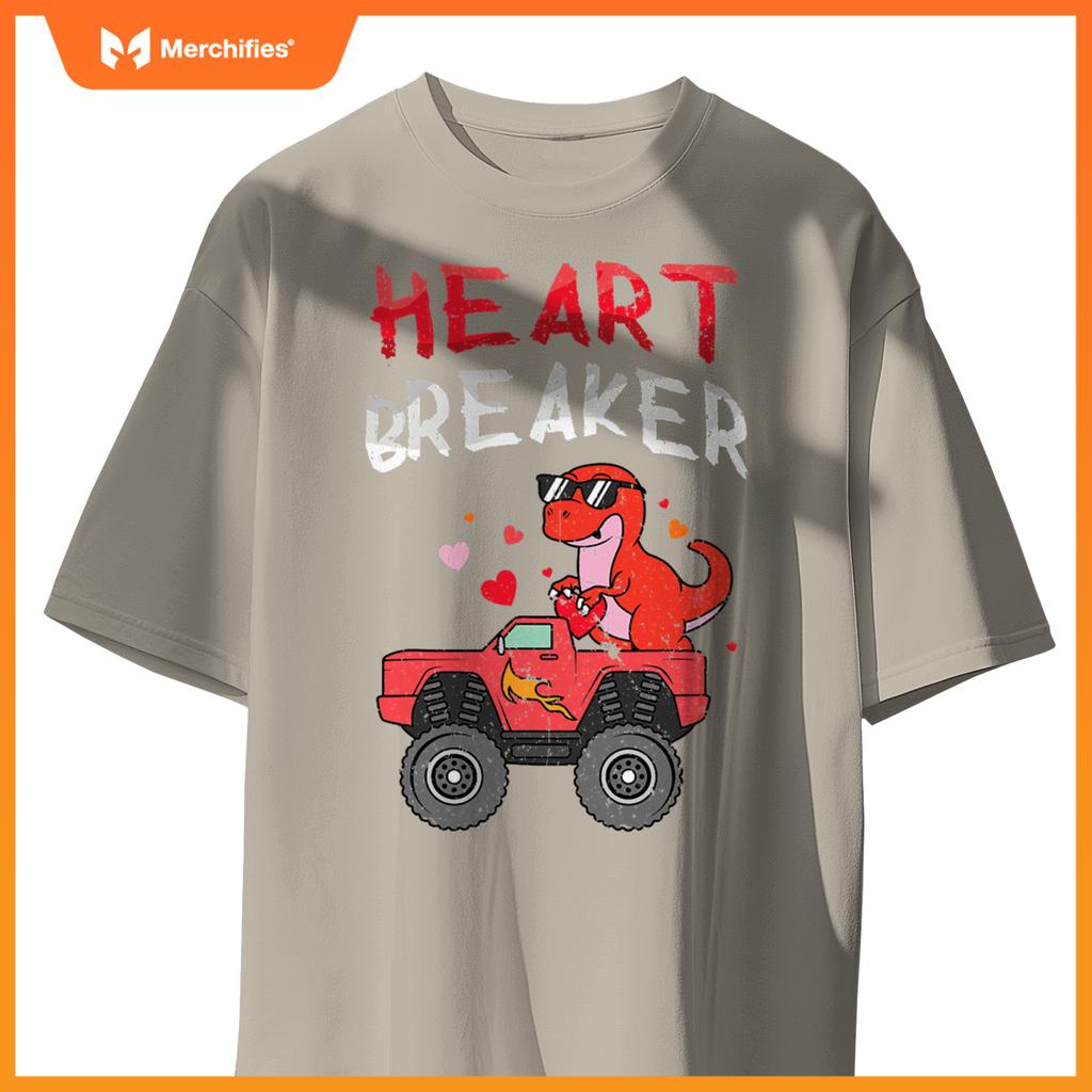 Kids Dinosaur Monster Truck Break Hearts Happy Valentines T-Shirt
