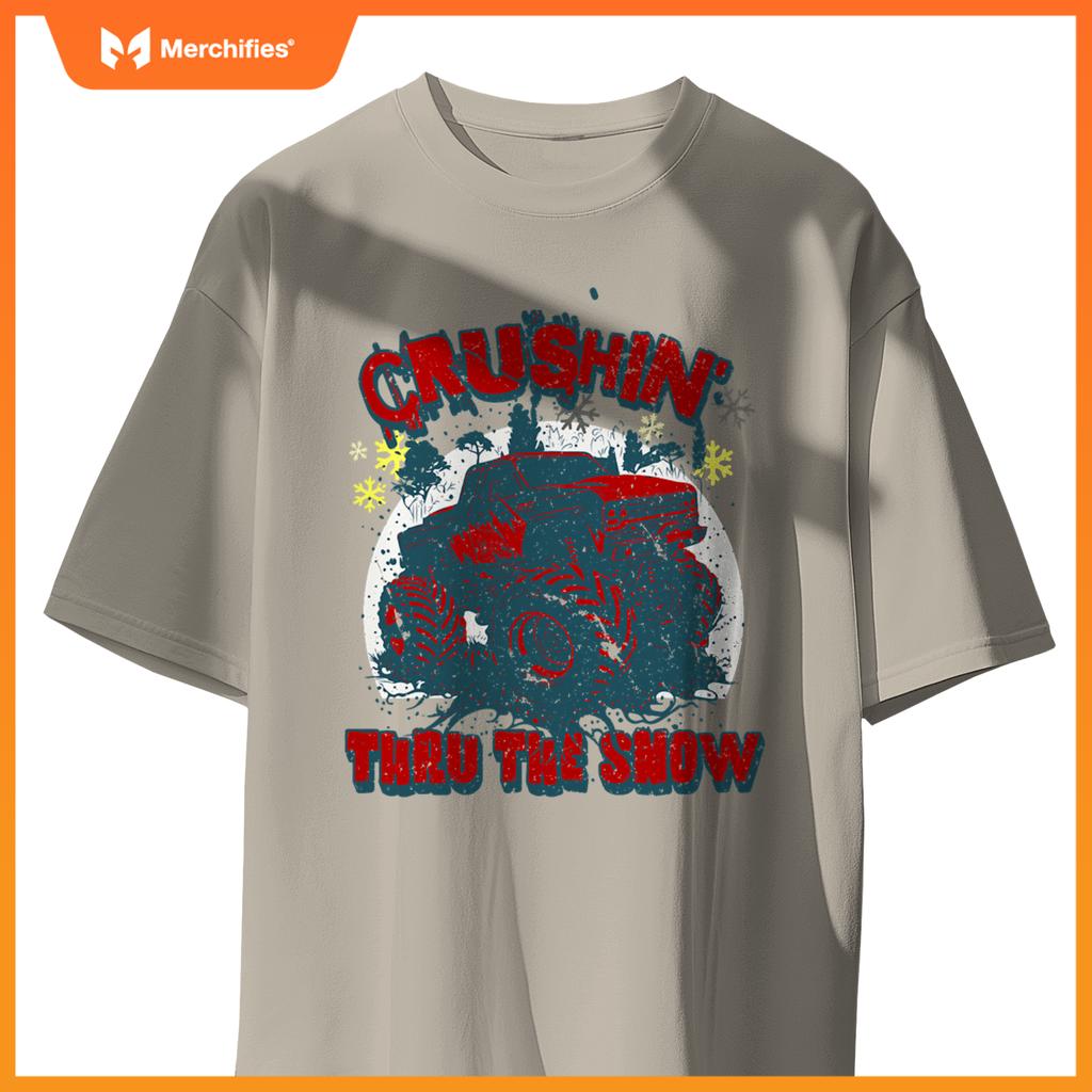 Monster Truck Crushin Thru Snow Winter Boys Man T-Shirt