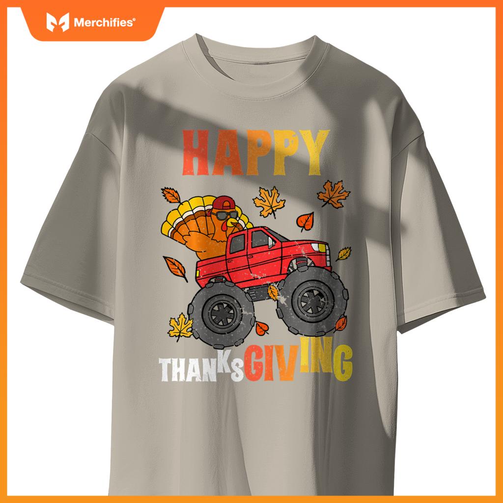 Kids Monster Truck Turkey Happy Thanksgiving Boys Girls T-Shirt