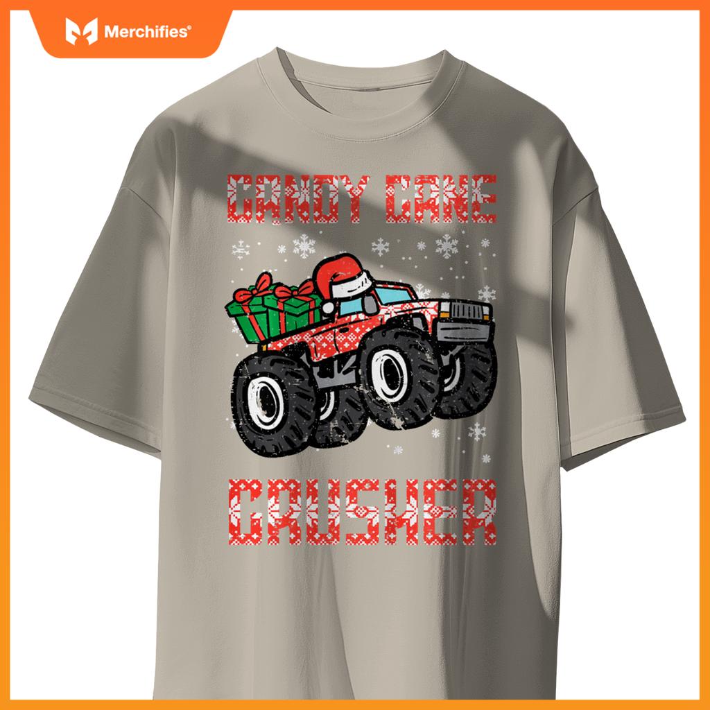 Kids Christmas Candy Cane Crusher Xmas Monster Truck Toddler Boys T-Shirt