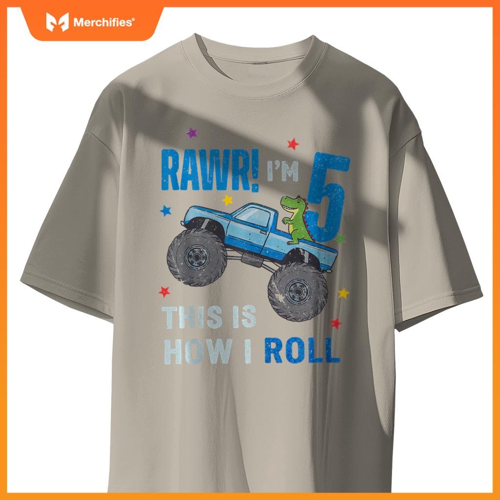 Monster Truck 5 Year Old 5th Birthday Party Trex Dinosaur T-Shirt