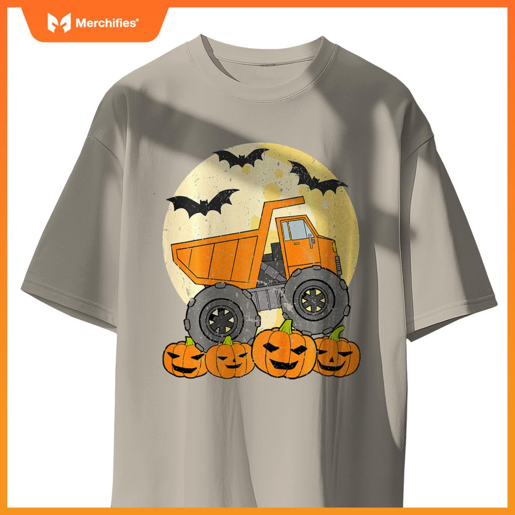 Kids Construction Monster Truck Halloween Pumpkins Toddler Boys T-Shirt
