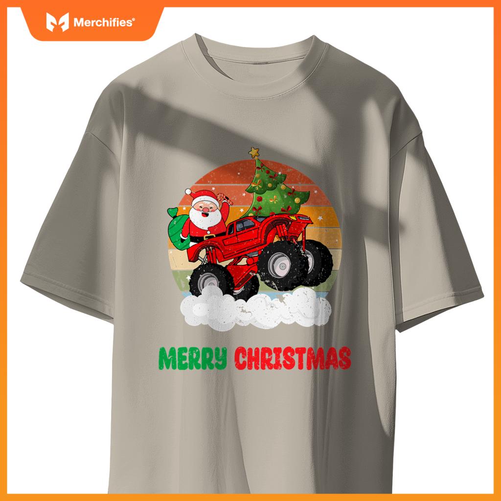 Kids Merry Xmas Santa Monster Truck Christmas Tree Light T-Shirt