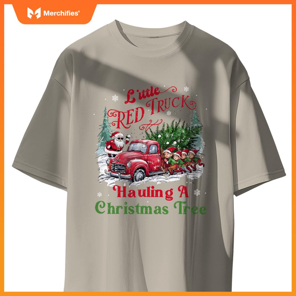 Little Red Truck Hauling A Christmas Tree Xmas Trendy T-Shirt