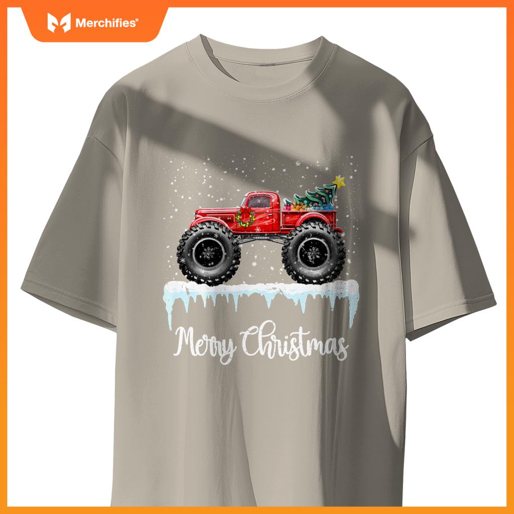 Merry Christmas Red Monster Truck Old Fashioned Xmas T-Shirt
