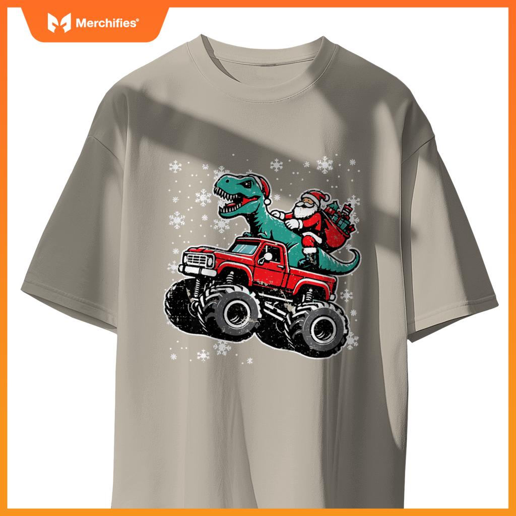 Kids Christmas Monster Truck Dino Santa Xmas Toddler Boys Kids T-Shirt