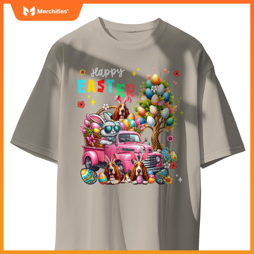 Happy Easter Three Cute Bunny Basset Hounds On Pickup Truck T-Shirt