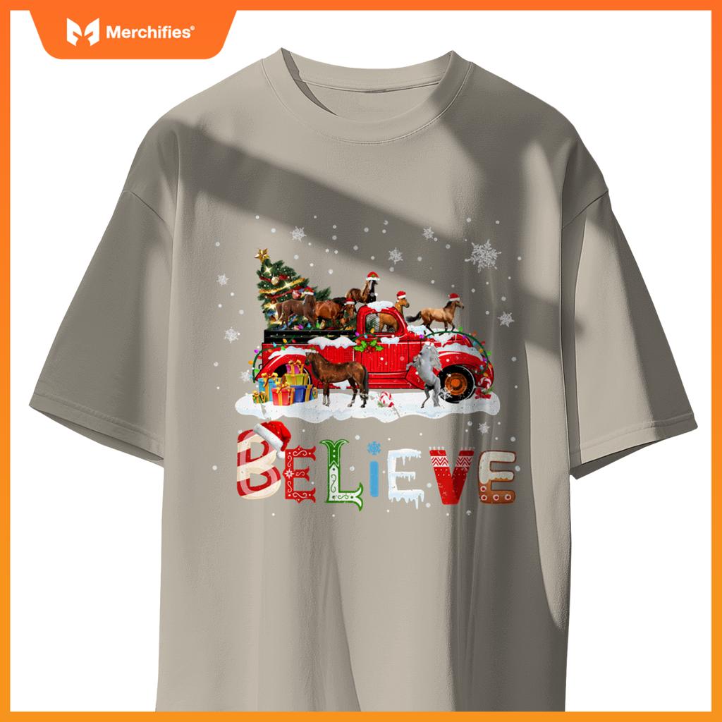Horse Riding Red Truck Christmas Tree Believe Santa Pajama T-Shirt