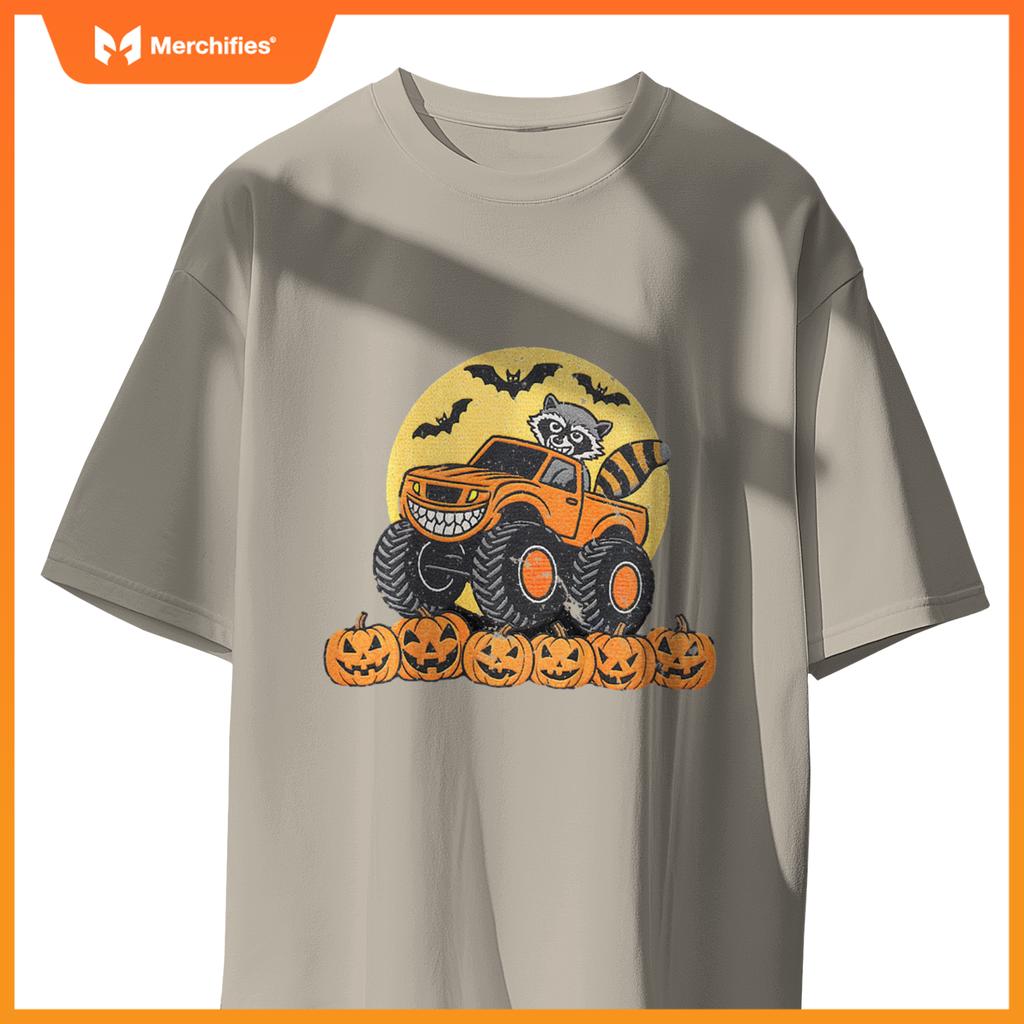 Kids Halloween Monster Truck Driven By A Raccoon School Kids T-Shirt