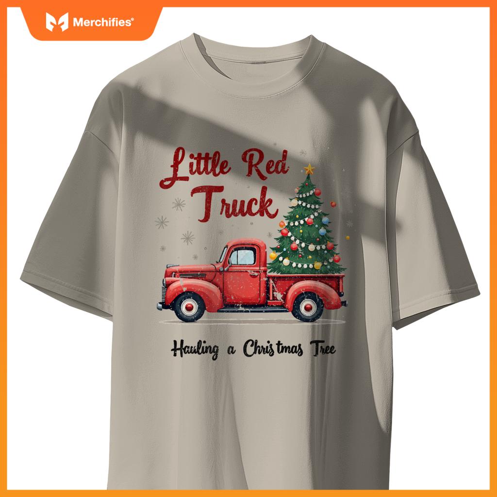 Little Red Truck Hauling A Christmas Tree Family Matching T-Shirt