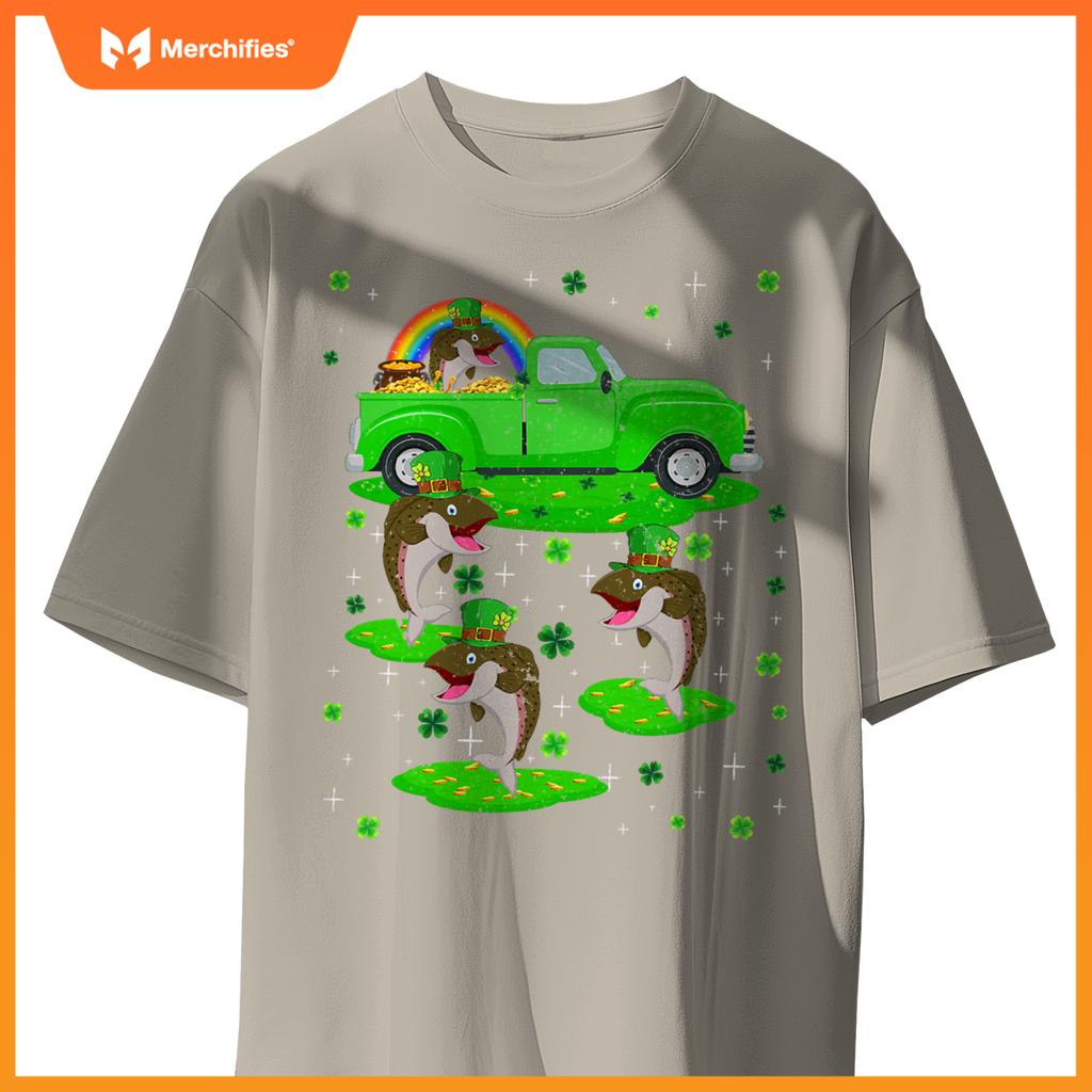 Irish Shamrock Green Truck On Salmon Fish St Patricks Day T-Shirt