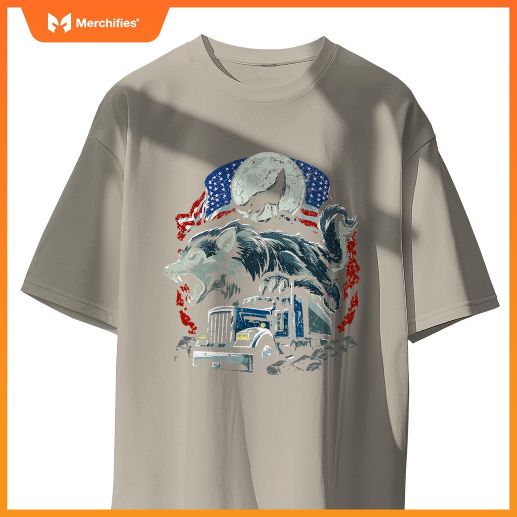 Mens Usa Flag Truck Howling Wolf American Patriotic Trucker T-Shirt