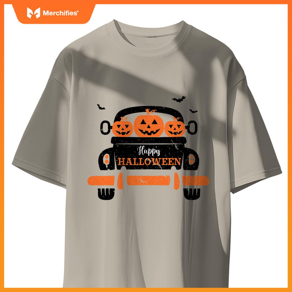 Happy Halloween Pickup Truck Spooky Jack O Lanterns And Bats T-Shirt