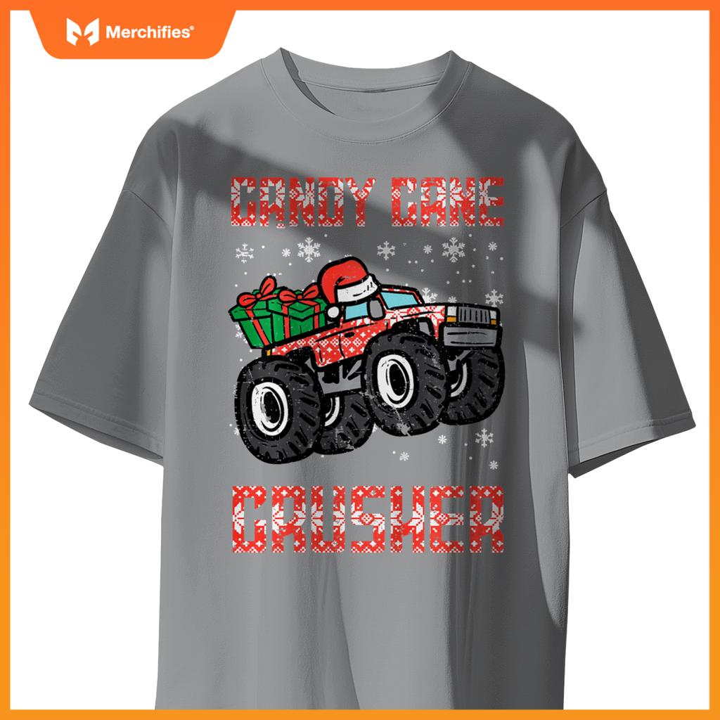 Kids Christmas Candy Cane Crusher Xmas Monster Truck Toddler Boys T-Shirt