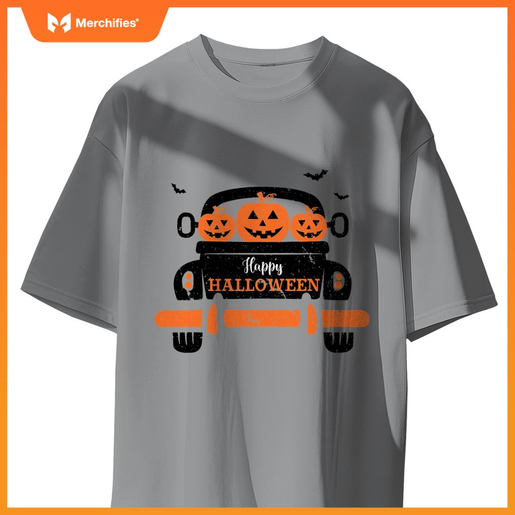 Happy Halloween Pickup Truck Spooky Jack O Lanterns And Bats T-Shirt