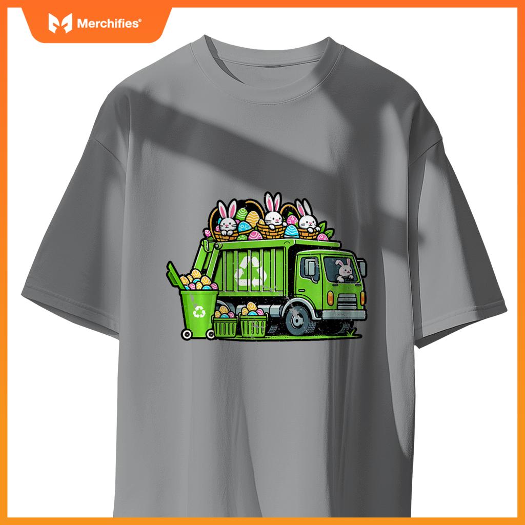 Kids Happy Easter Day Rabbit Lover Bunny Riding Garbage Truck T-Shirt