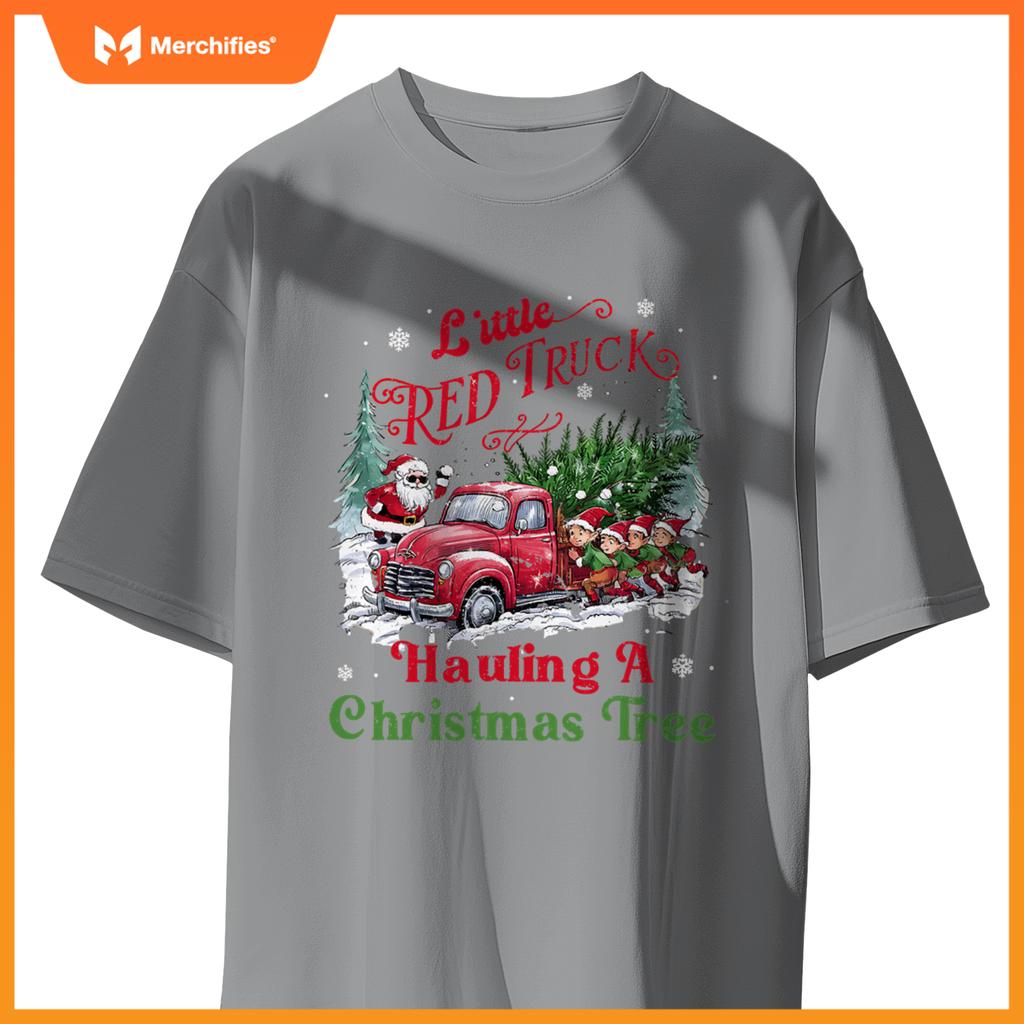 Little Red Truck Hauling A Christmas Tree Xmas Trendy T-Shirt
