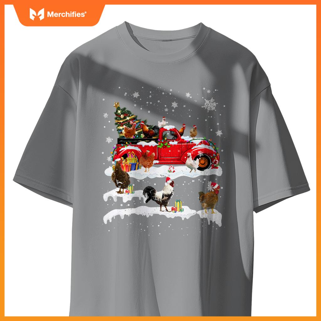 Merry Xmas Chicken Santa Hat Christmas Tree Truck Lights T-Shirt