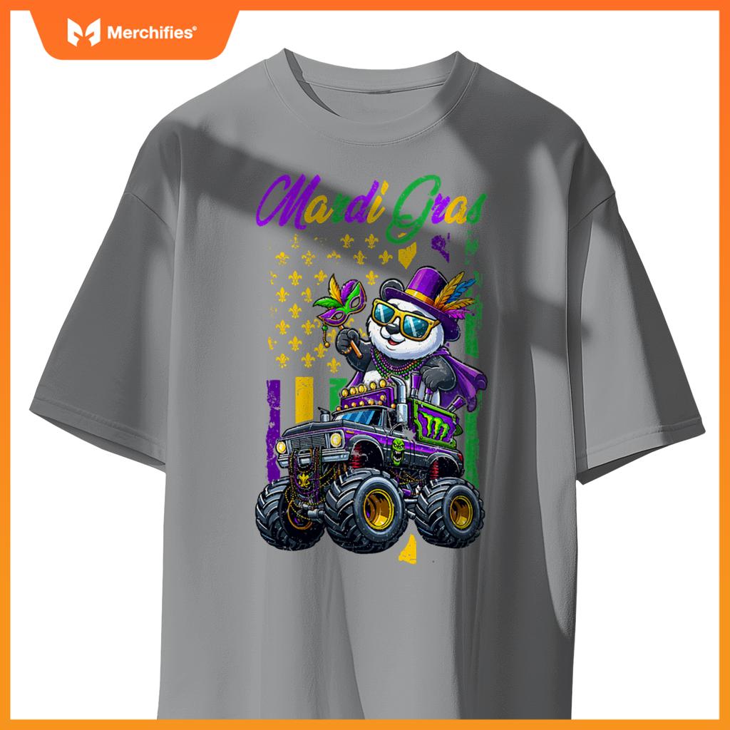 Mardi Gras Panda Sunglasses On Monster Truck Beads Masked T-Shirt