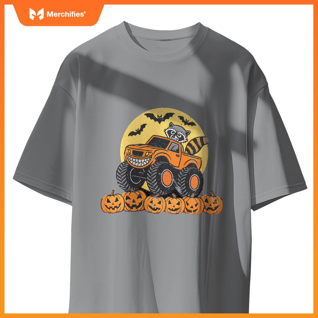 Kids Halloween Monster Truck Driven By A Raccoon School Kids T-Shirt