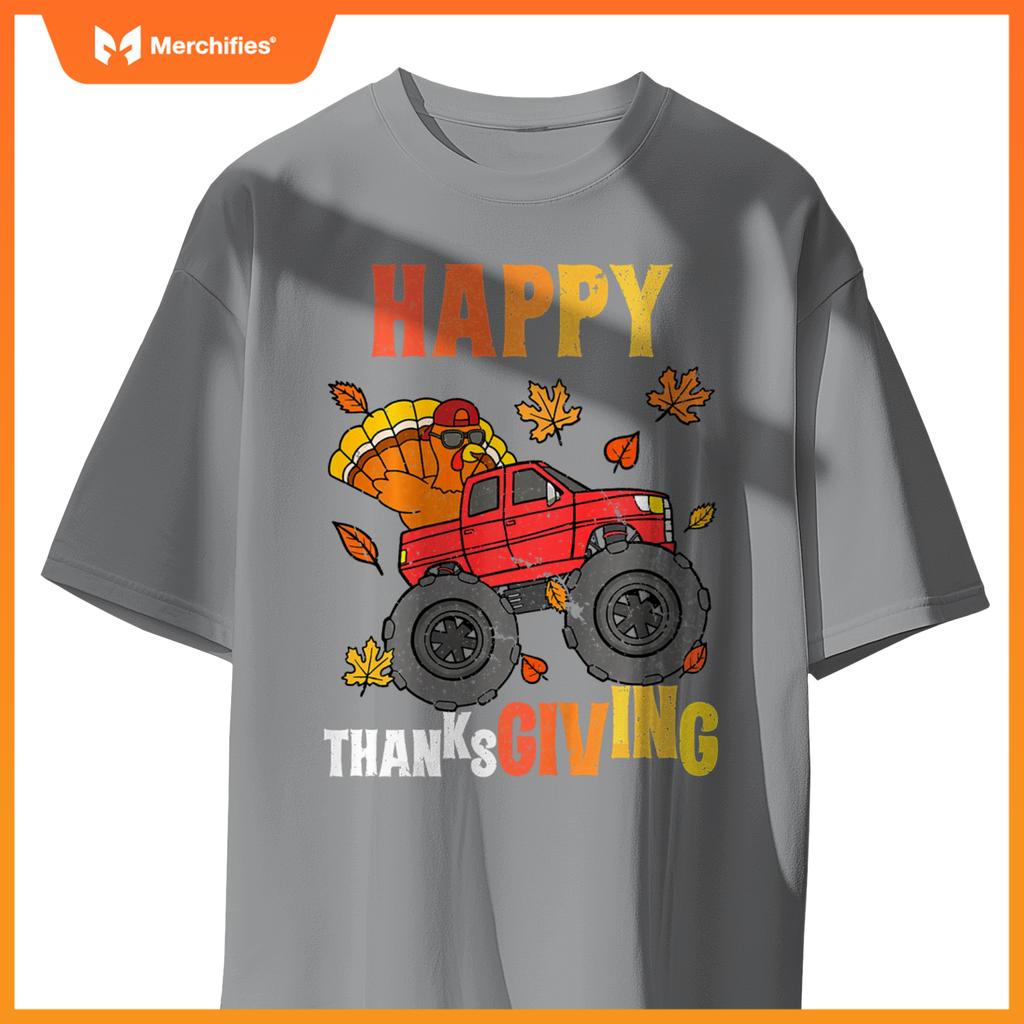 Kids Monster Truck Turkey Happy Thanksgiving Boys Girls T-Shirt