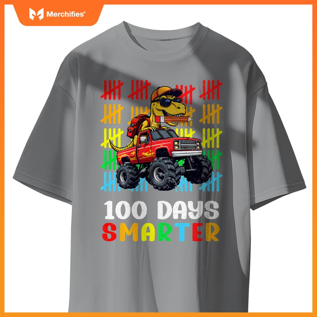 Monster Truck Dinosaur Boys 100 Days of School T-Rex Kids T-Shirt